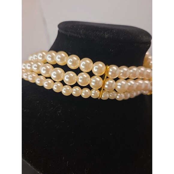 Vintage 3 Strand Faux Pearl Bridal Choker Goldtone & Rhinestone Accents 12"-16" - Picture 4 of 10